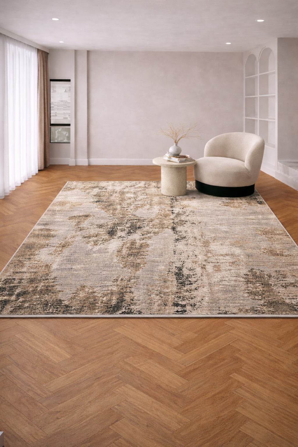 Leon “Silver Flux” Thin Art Silk Carpet – Elegant Abstract Design