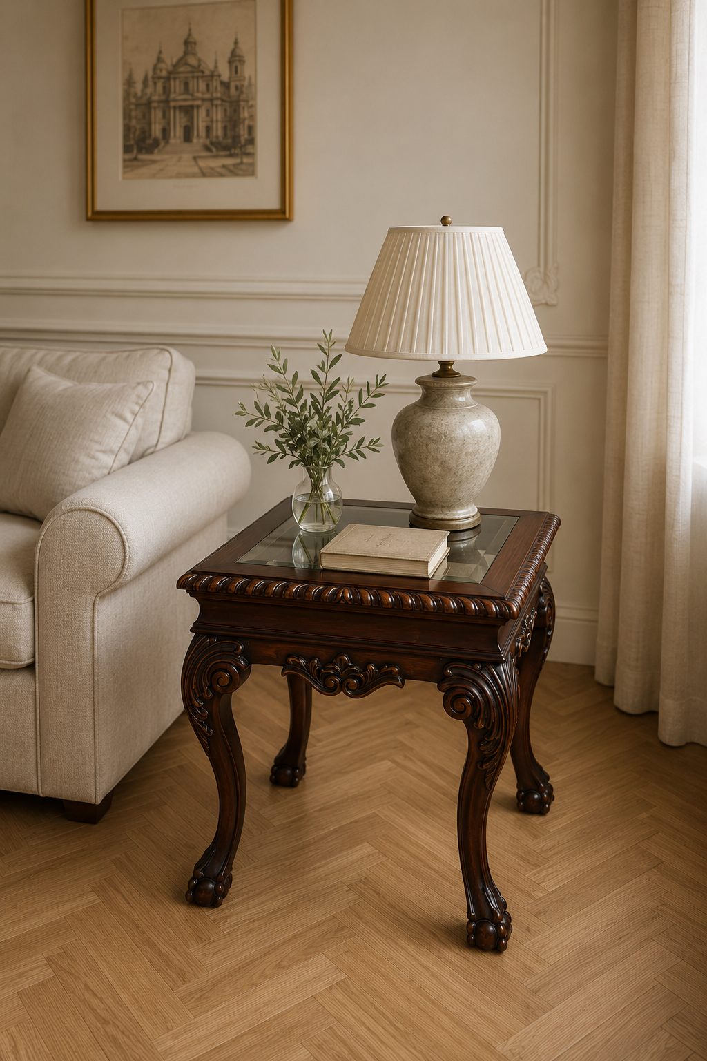 Versailles Élan Classic Carved Wood Side Table – Elegant Dark Walnut Accent Table with Glass Inset Top, Sculpted Cabriole Legs & Ornamental French-Inspired Detailing