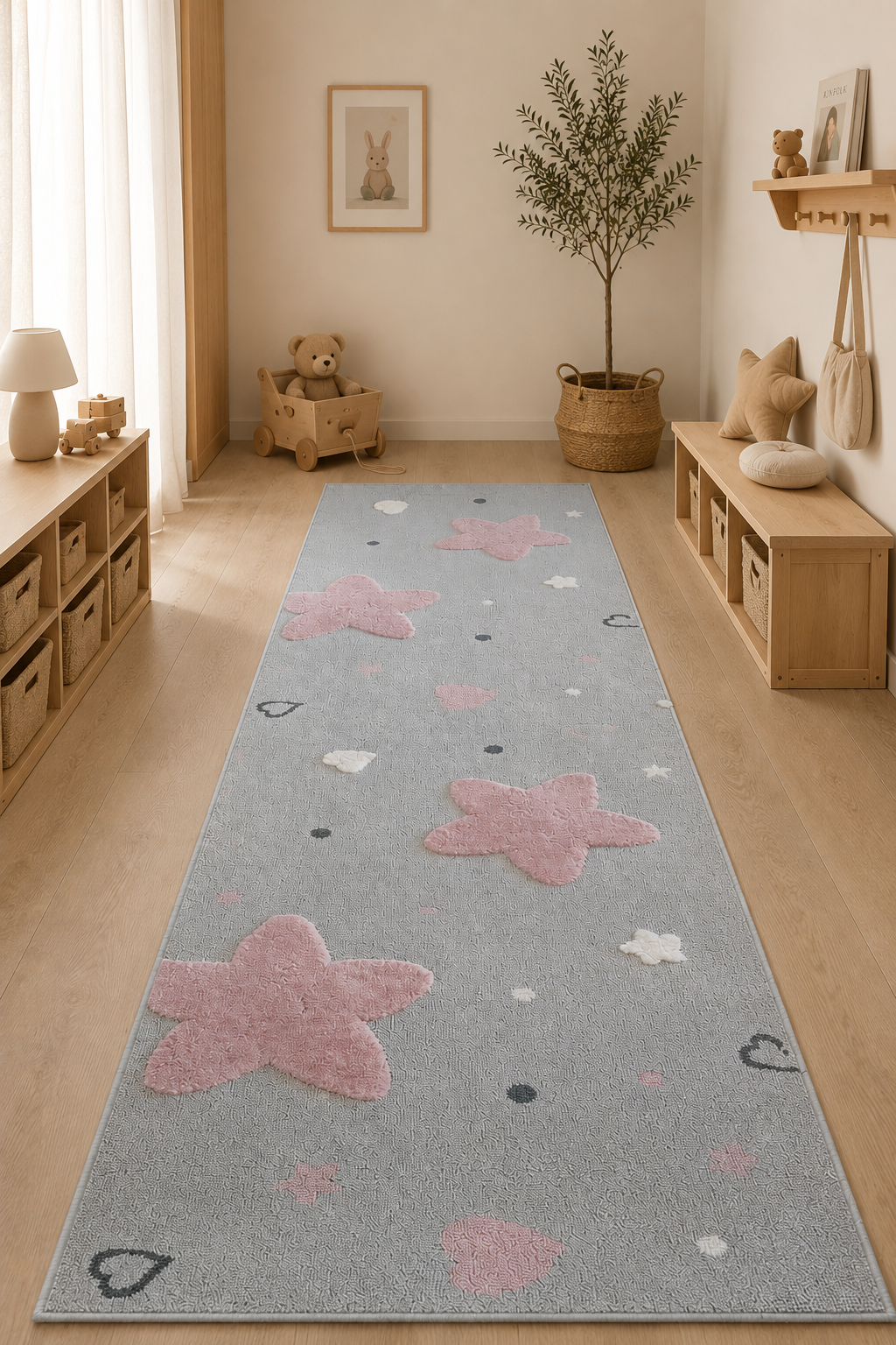 Olivia Celestial Blossom Dream Kids Luxury Area Rug – Soft Pink, Dove Grey & Ivory Starry Sky Children's Bedroom Carpet Collection