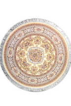 A round beige colored artificial yarn rug with a geometric pattern and a classic design.