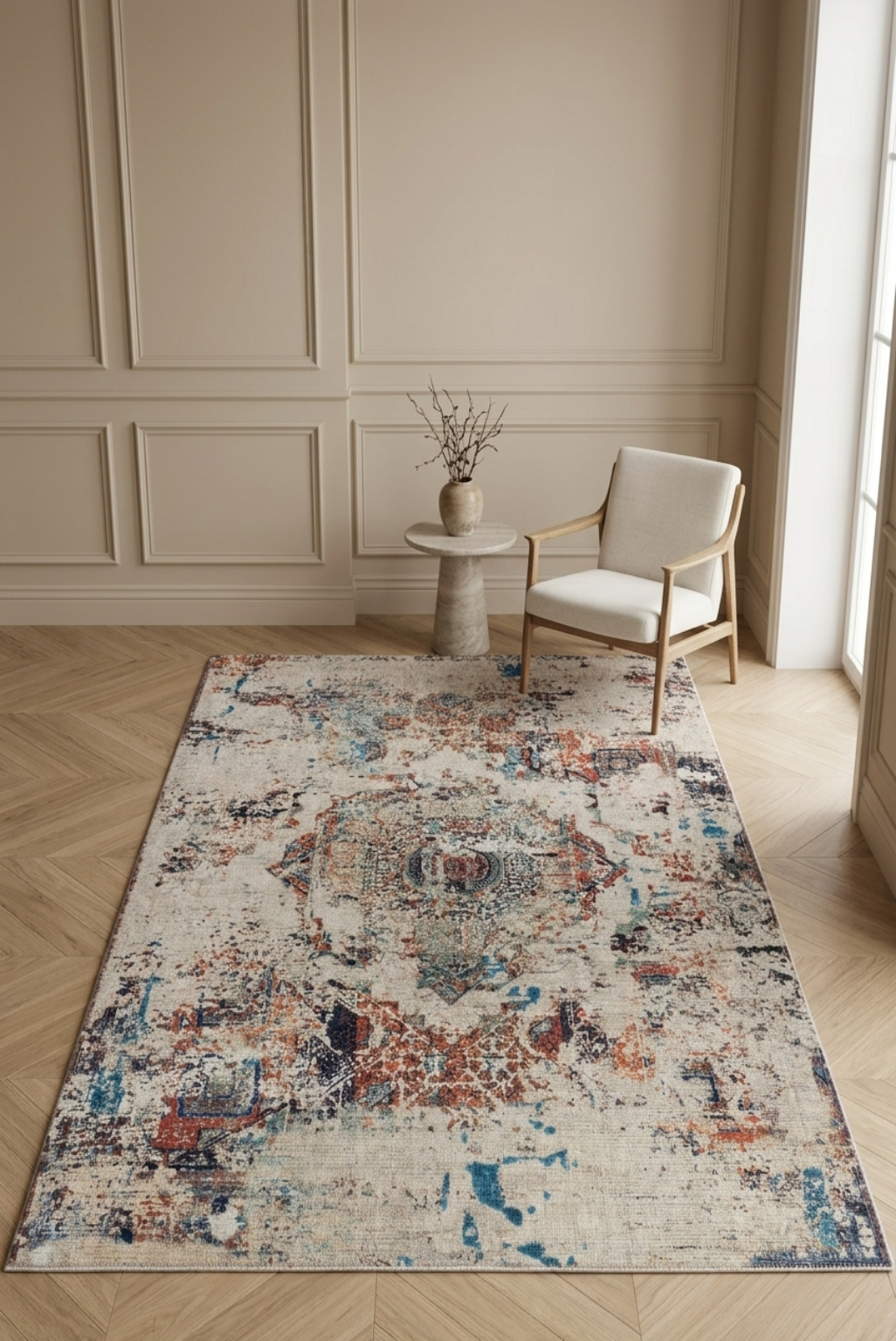Abstract Vintage Fusion Carpet – Spill-Proof & Machine Washable Modern Distressed Rug in Beige & Multicolor