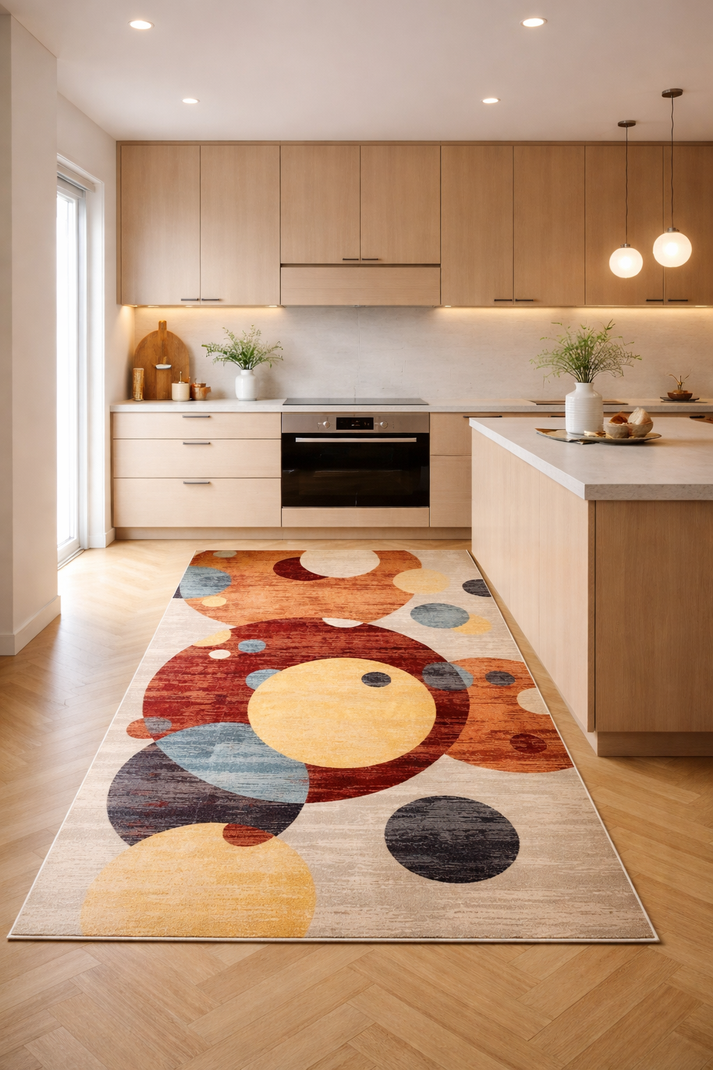 Lycra “Orbit Glow” Modern Carpet – Playful Geometric Circles in Warm & Cool Tones