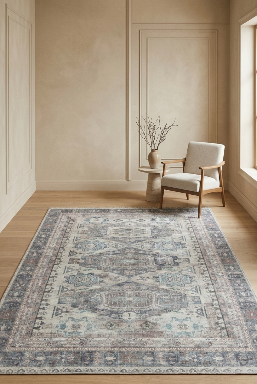 Arctic Heritage Tribal Carpet – Spill-Proof & Machine Washable Vintage Rug in Soft Grey & Blue