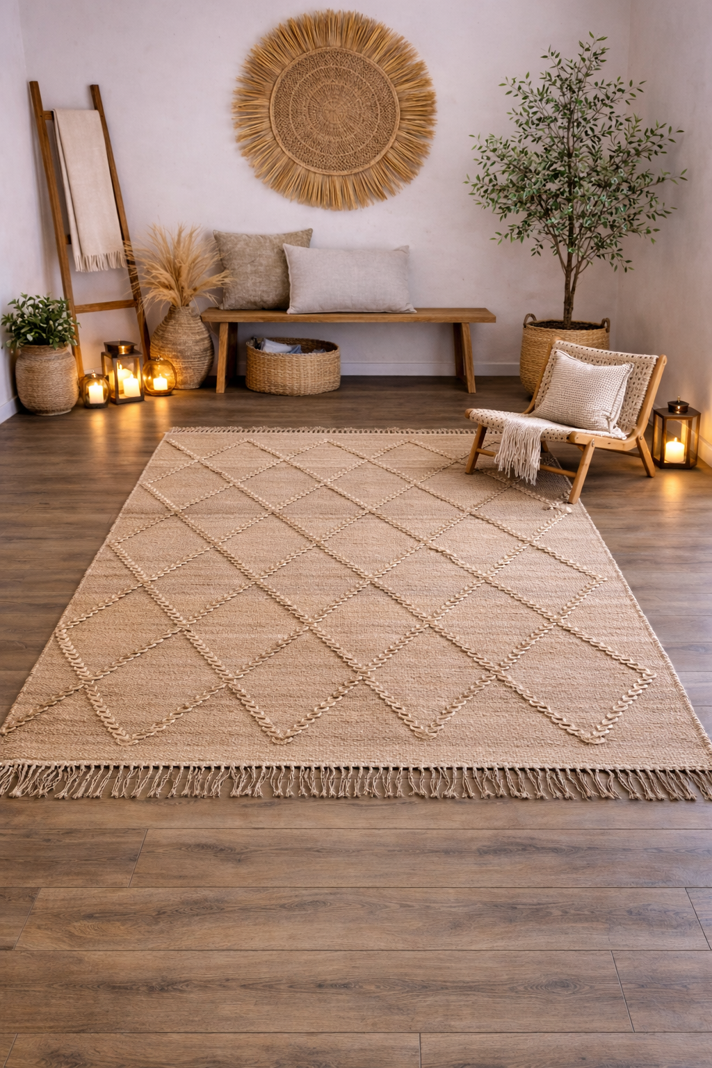 Desert Lattice Jute Cotton Rug – IC-18408 | Handwoven Organic Charm