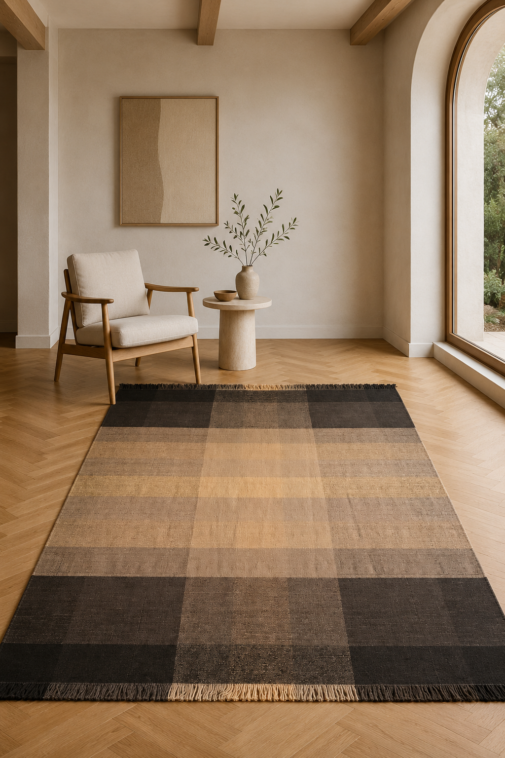 Woolen “Shadow Grid” Wool Carpet – Modern Neutral Handwoven Design
