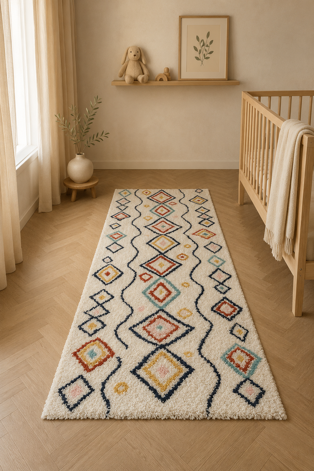 Panama 911 Cream Geometric Shaggy Runner Carpet – Modern Boho Hallway Rug