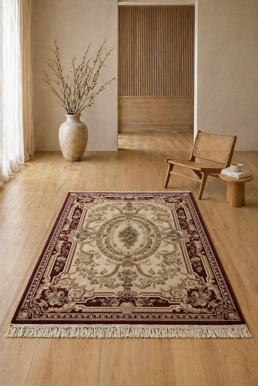 Shehrazad Royal Beige & Burgundy Classic Medallion Carpet – Belgian Crafted Luxury Living Room Rug