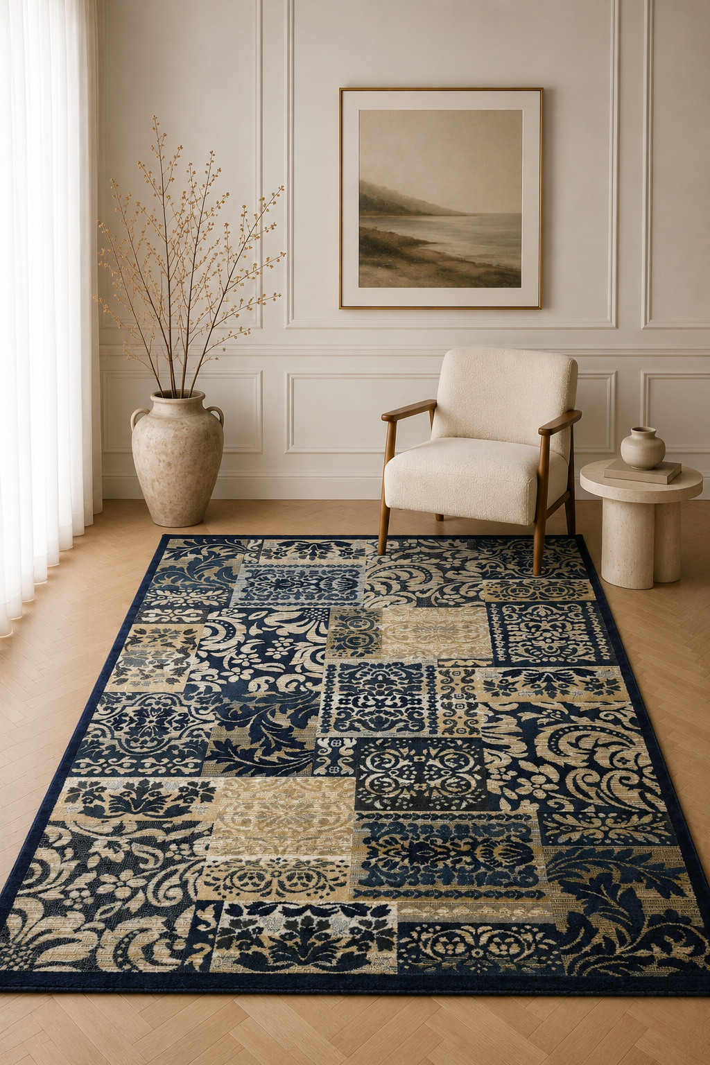 Capital Royal Tapestry Navy Traditional Patchwork Area Rug – Luxury Navy Blue & Beige Living Room Carpet