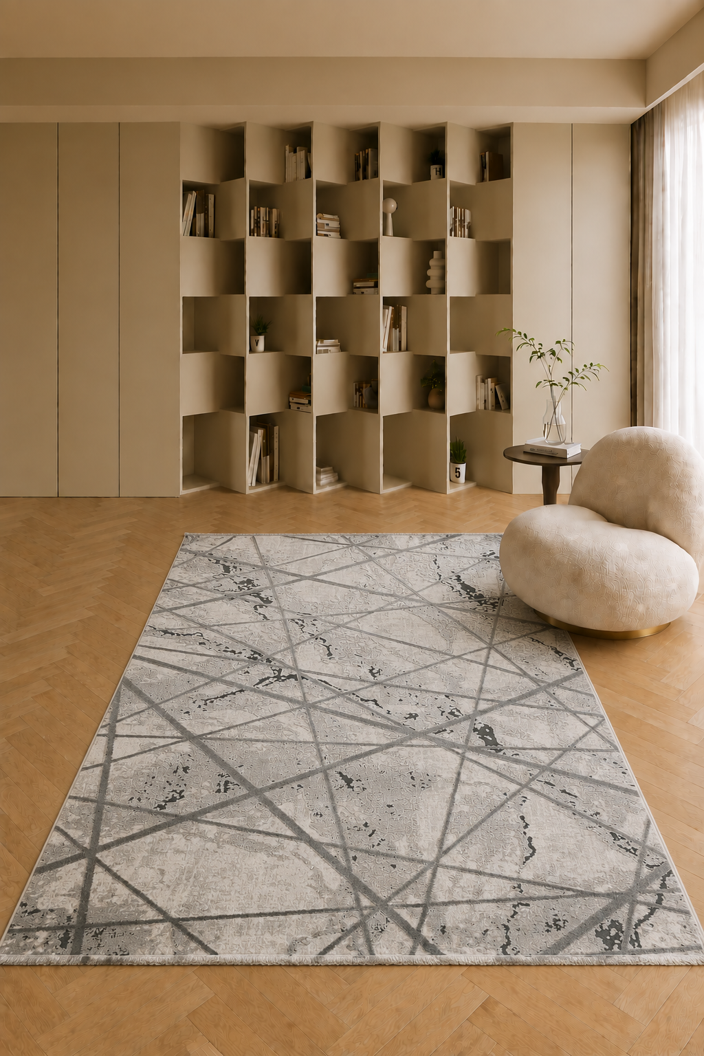 Urbino 607 “Silver Crossroads” Grey Geometric Abstract Carpet – Contemporary Distressed Linear Area Rug in Soft Grey, Silver, Ivory, Charcoal & Graphite Accents