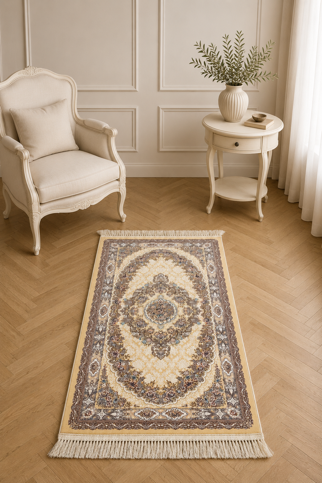 Mashhad Shaygan Ivory Medallion Carpet – Classic Persian Elegance for Living Spaces