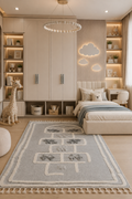 Olympos Little Explorer Hopscotch – Luxury Grey & Ivory Kids Carpet with Raised Playful Game Pattern, Soft Textured Details & Tassel Fringe for Bedrooms, Nurseries & Playrooms