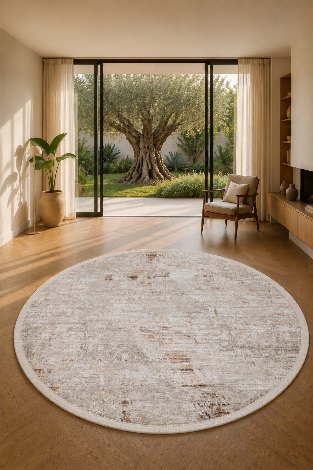 Tapis rond géométrique beige Efes 15 – Élégant et pratique pour les intérieurs modernes