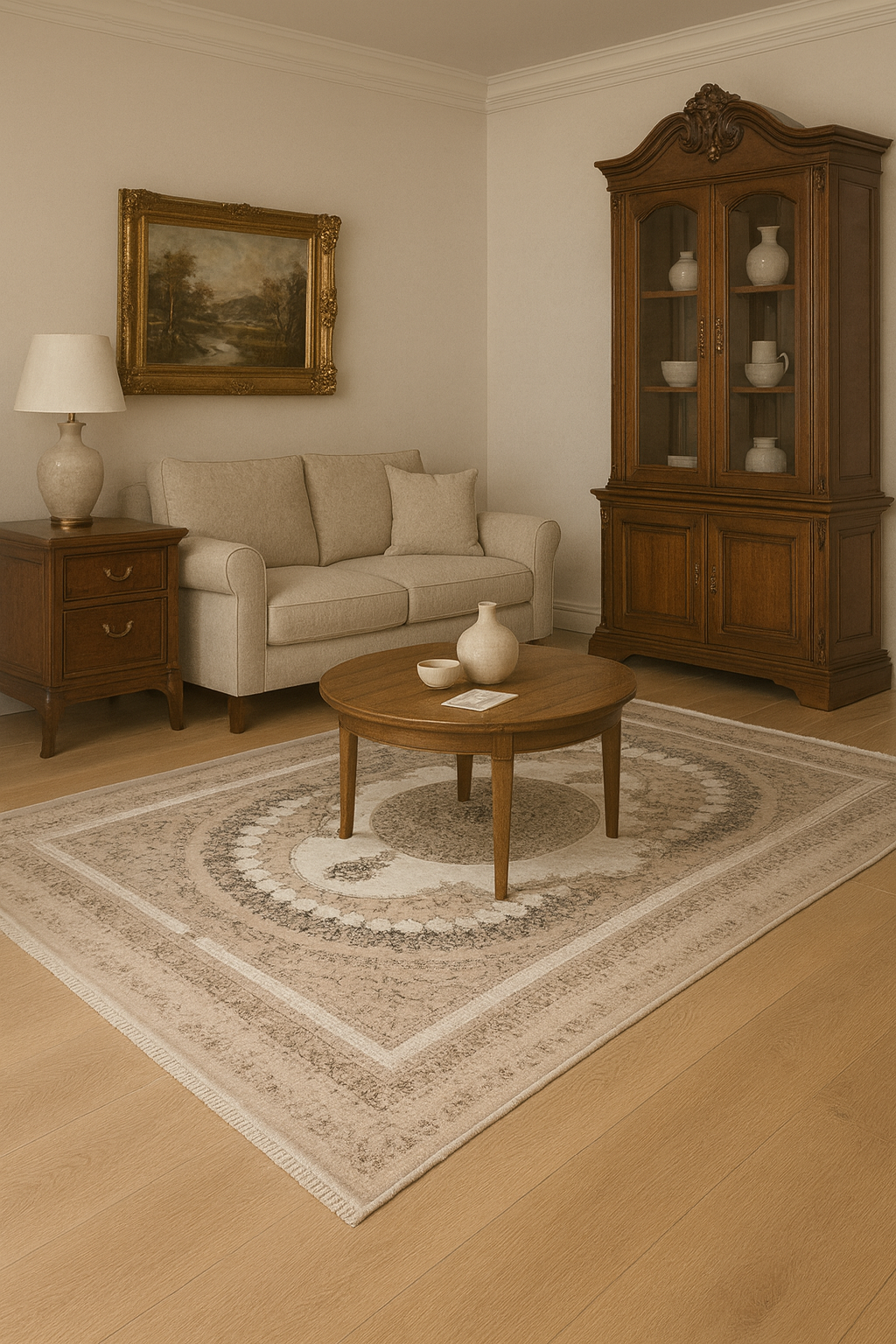 Marble Vintage “Olive Grove” Classic Carpet – Elegant Beige & Dark Green Blend