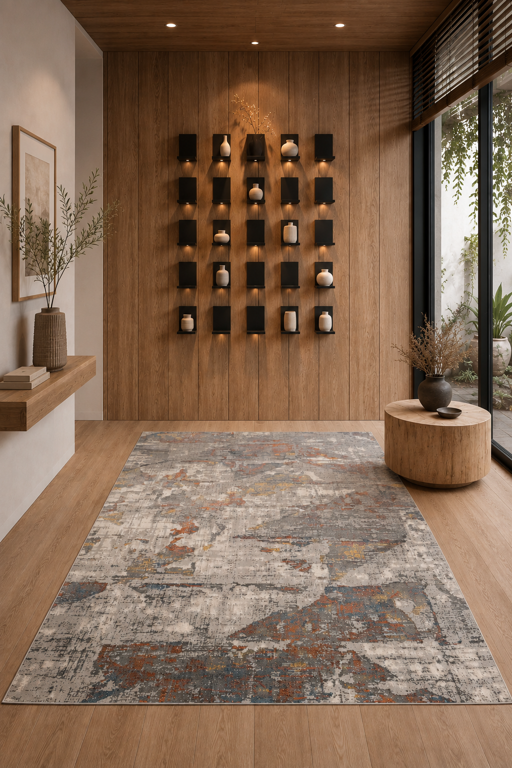 Porto Urban Patina Abstract Area Rug – Luxury Modern Carpet in Ivory, Charcoal Grey, Slate Blue, Rust Orange & Antique Gold