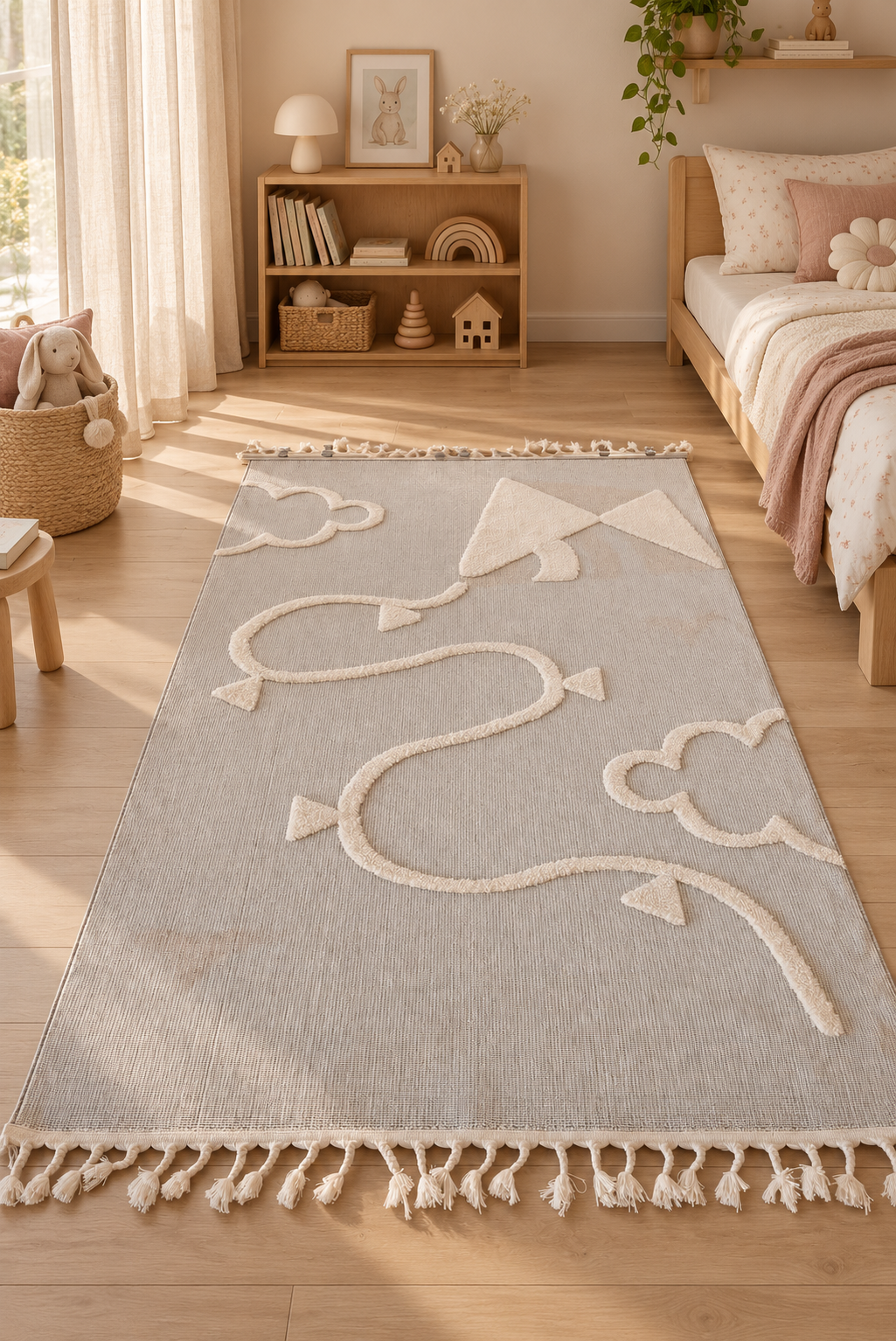 Melbourne Skybound Dreams – Beige & Ivory 3D Textured Kite & Clouds Design Kids Carpet | Modern Style Nursery & Girls’ Bedroom Area Rug