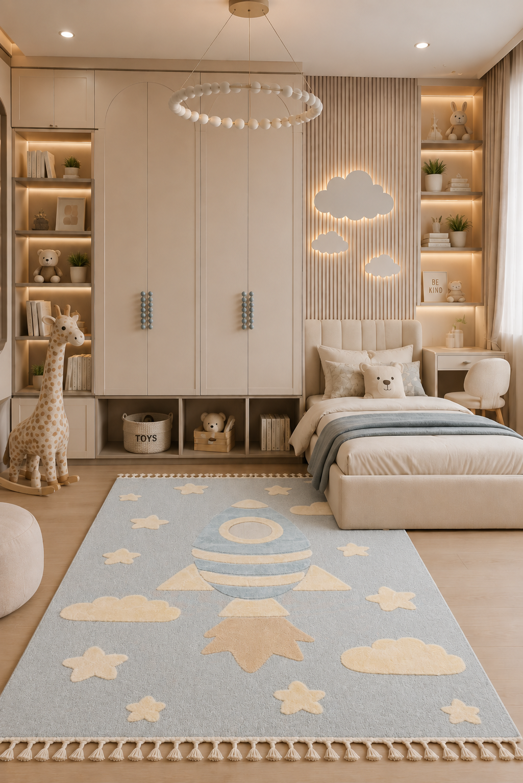 Melbourne Sky Rocket Adventure Kids Carpet – Soft Blue Space-Themed Rug with Stars & Clouds