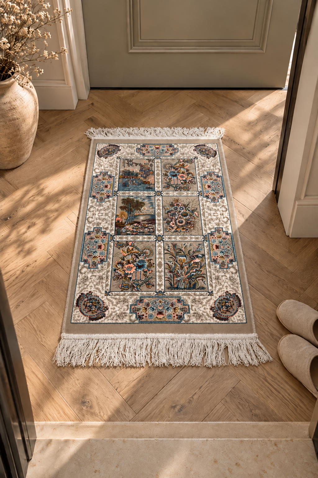 Mashhad Heritage Garden Panel Small Carpet – Persian-Inspired Floral & Scenic Accent Rug with Ivory Fringe and Vintage Blue Details