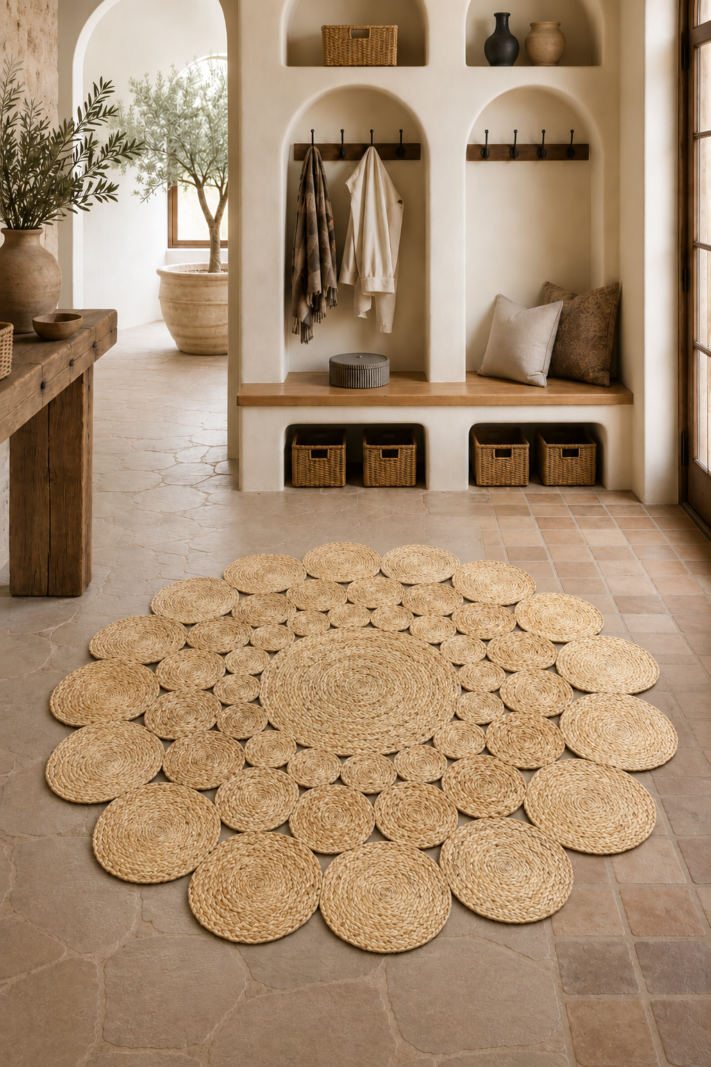 Jute 18412 Natural Round Carpet – Handmade Braided Jute Floral Pattern Rug for Living Room & Entryway