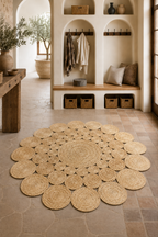 Jute 18412 Natural Round Carpet – Handmade Braided Jute Floral Pattern Rug for Living Room & Entryway