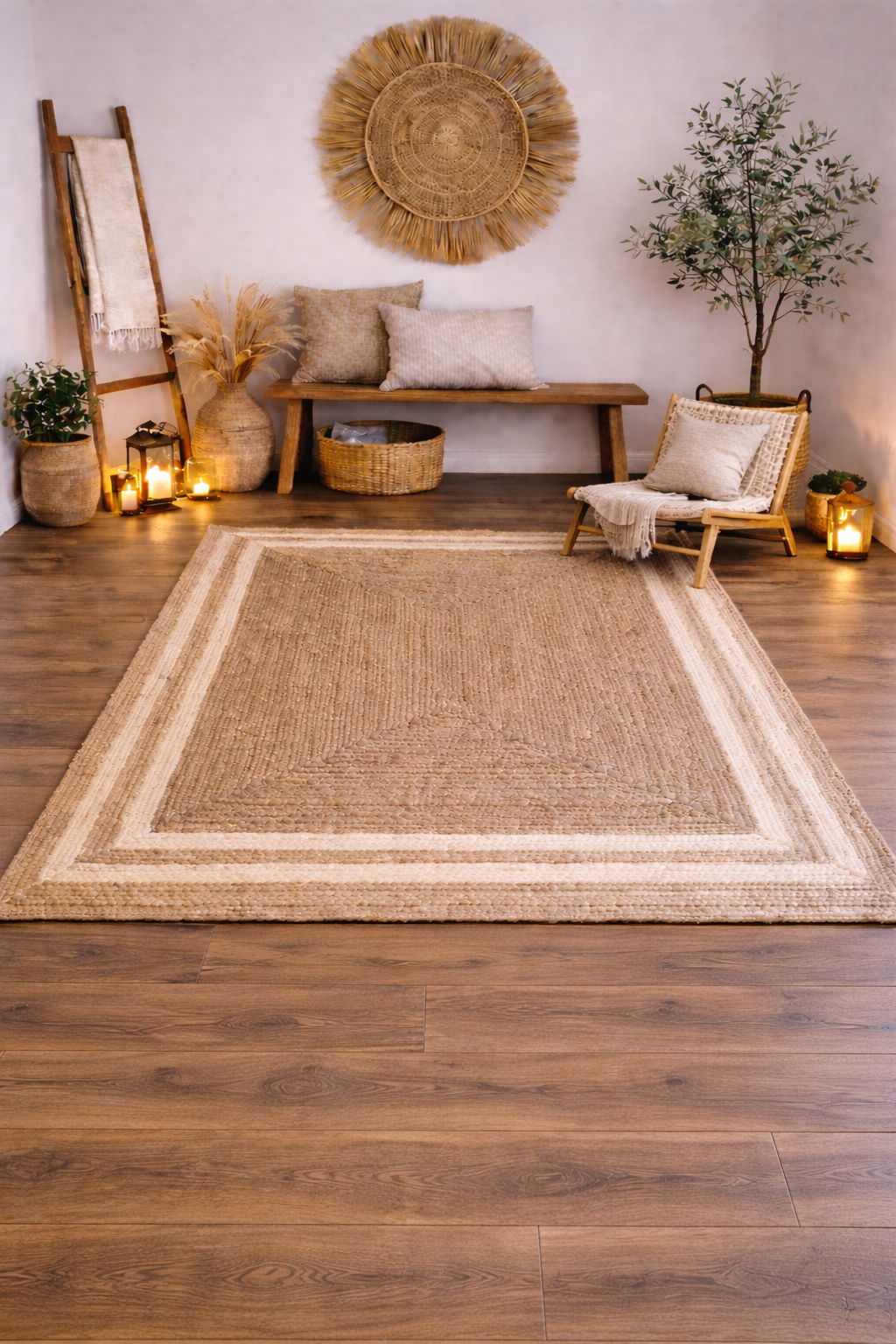 Jute Horizon Natural Border Rug – IC-18407 | Handwoven Organic Charm