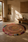 Jute 18413 Natural Multi Round Carpet – Handmade Braided Colorful Jute Rug with Fringe for Living Room & Bedroom