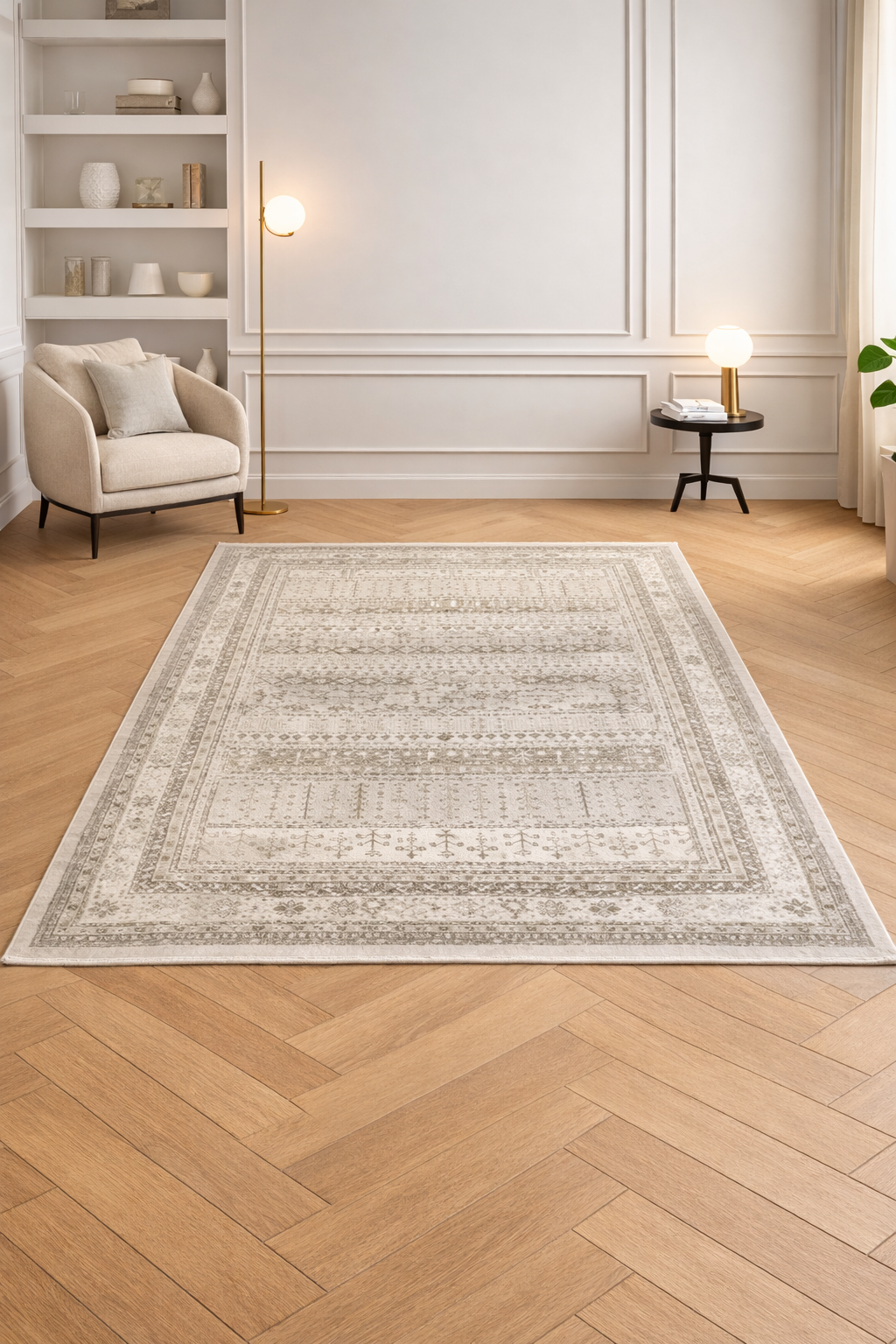 Silk “Heritage Weave” Vintage Carpet – Beige & Gold Tribal Pattern Rug