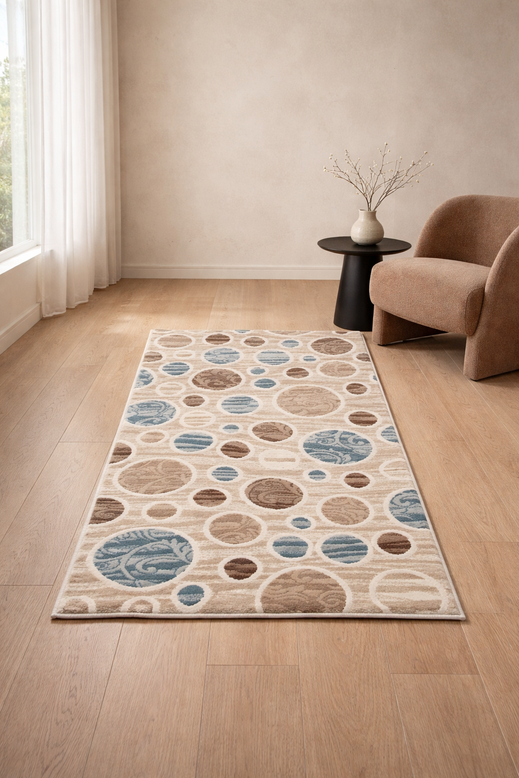 Shakespeare Circle Pattern Beige Carpet – Blue & Brown Modern Abstract Area Rug for Living Room & Bedroom