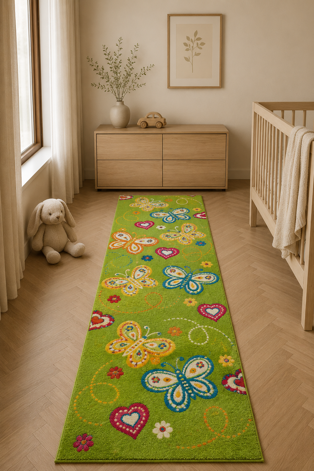Kids “Butterfly Garden” Playroom Rug – Green Colorful Kids Carpet with Butterflies & Hearts