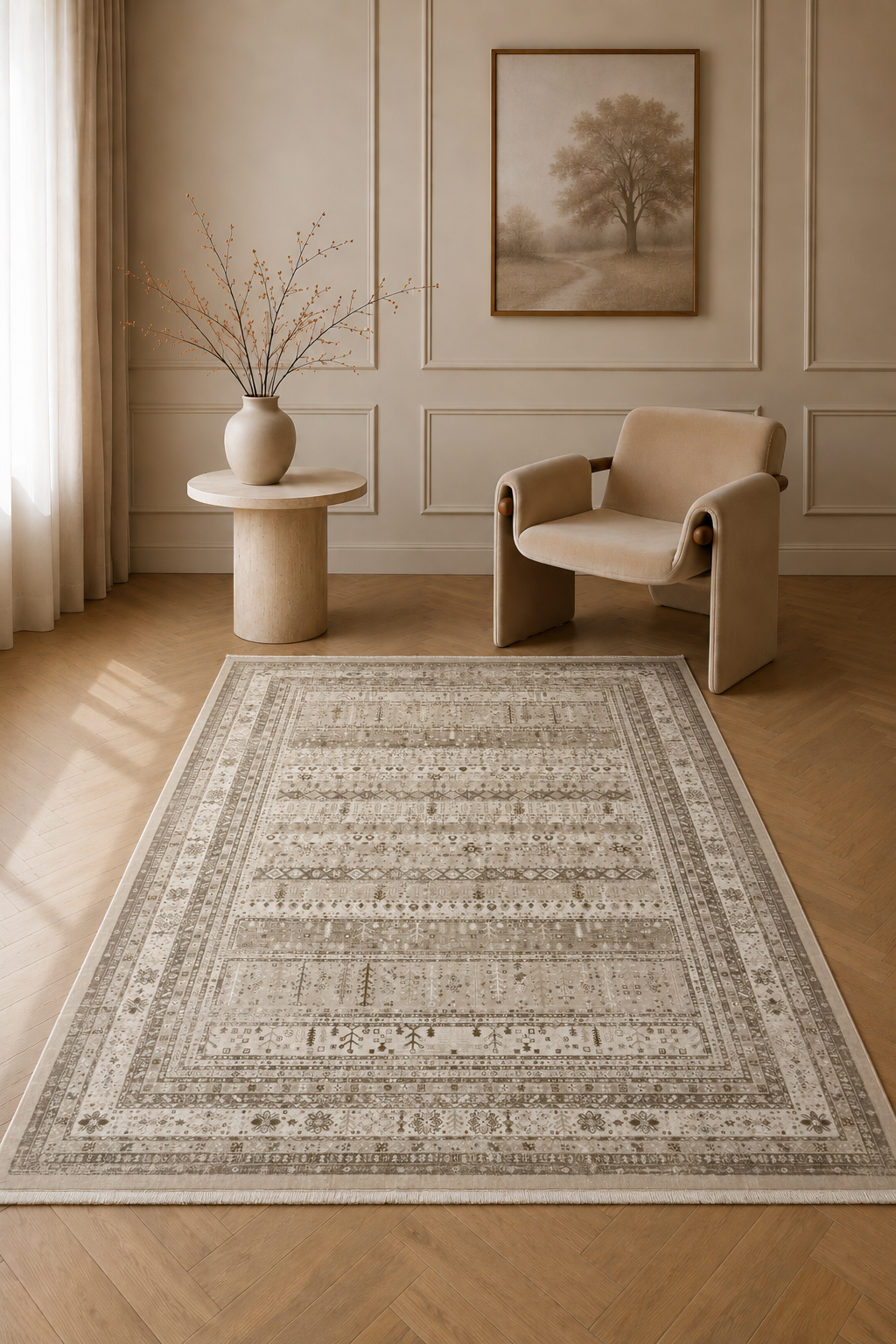 Silk “Heritage Weave” Vintage Carpet – Beige & Gold Tribal Pattern Rug