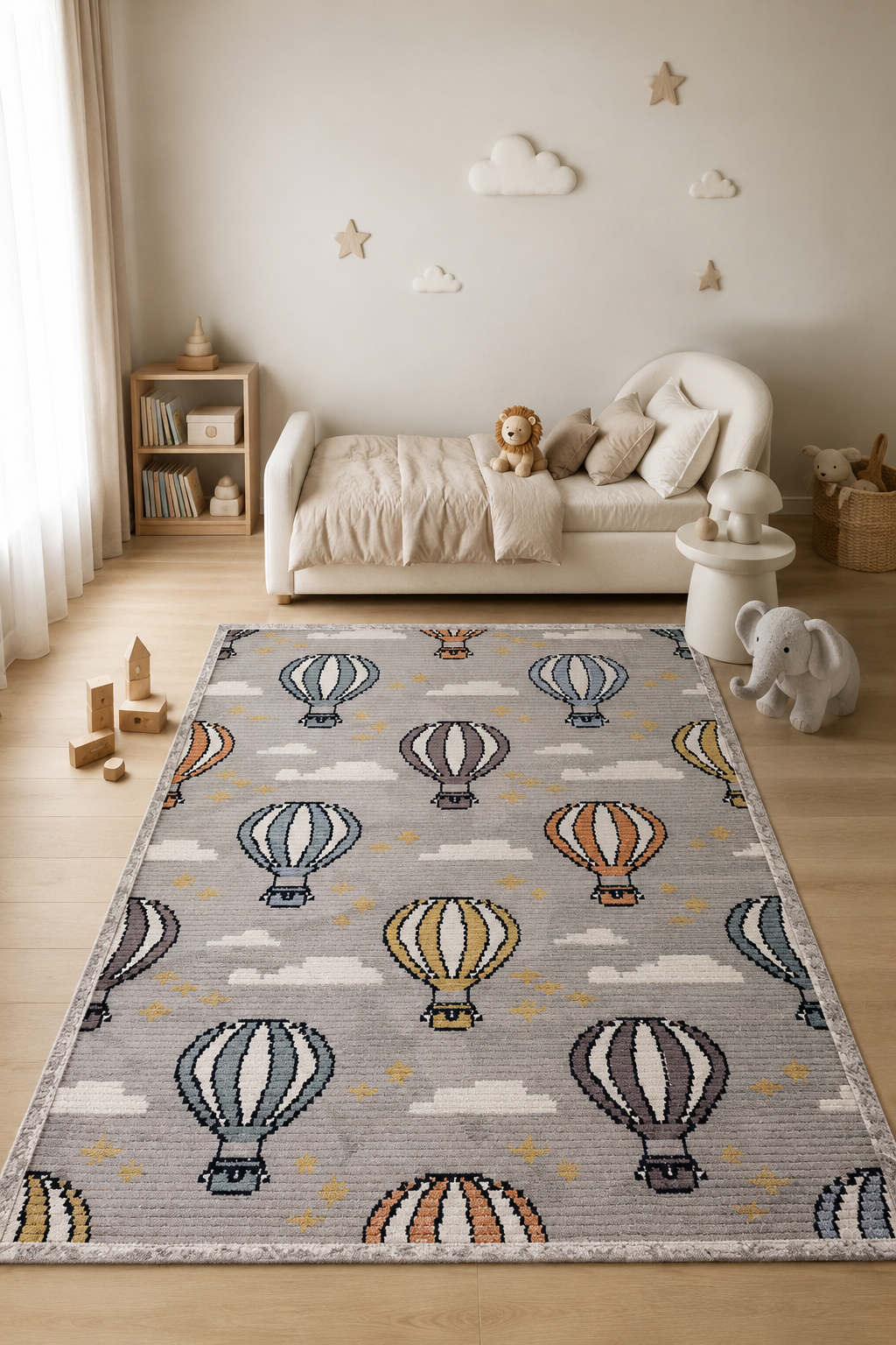 Dali 37 Kids Carpet – Whimsical Hot Air Balloon Design in Soft Grey