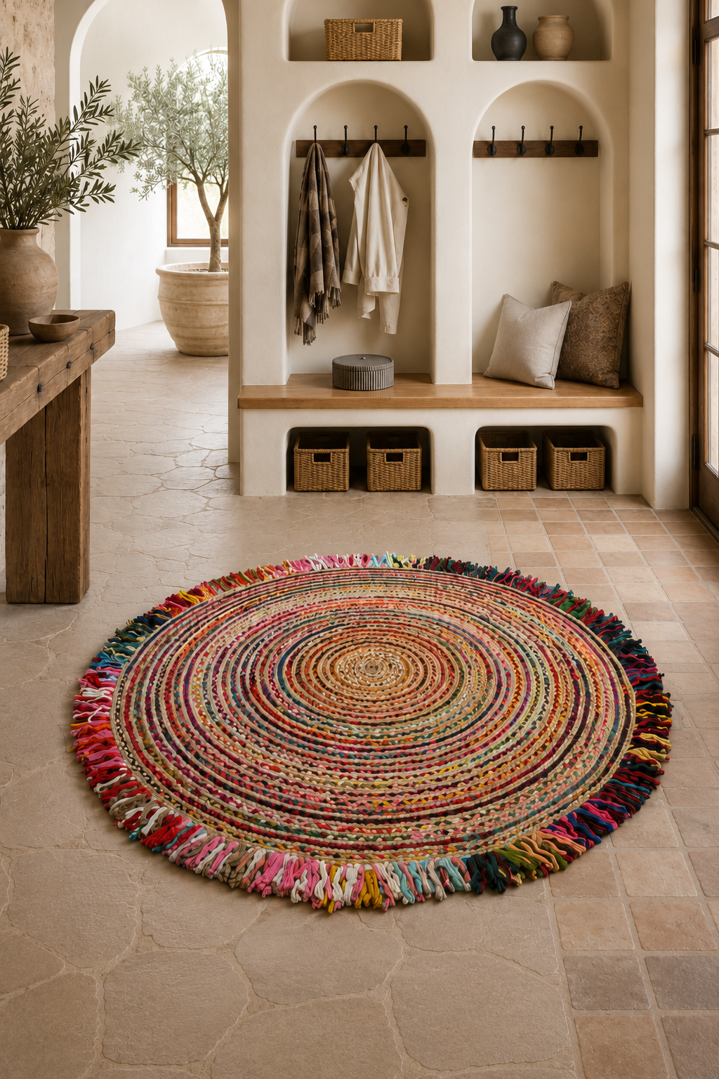 Jute 18413 Natural Multi Round Carpet – Handmade Braided Colorful Jute Rug with Fringe for Living Room & Bedroom