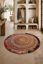 Jute 18413 Natural Multi Round Carpet – Handmade Braided Colorful Jute Rug with Fringe for Living Room & Bedroom