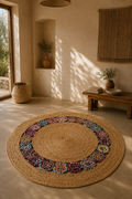 Jute 14037 Multi Round Carpet – Handmade Braided Multicolor Jute Area Rug for Living Room & Entryway