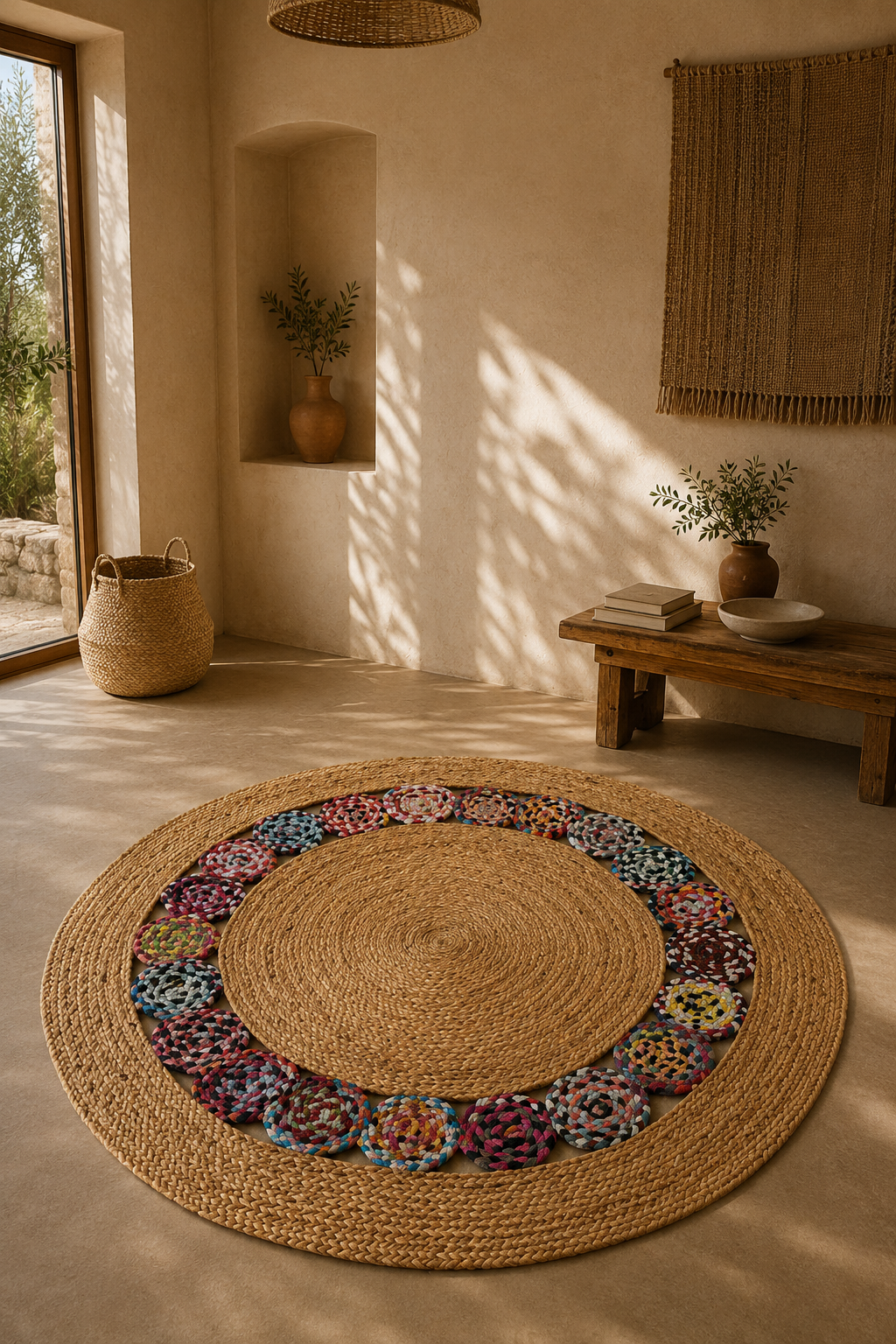 Jute 14037 Multi Round Carpet – Handmade Braided Multicolor Jute Area Rug for Living Room & Entryway