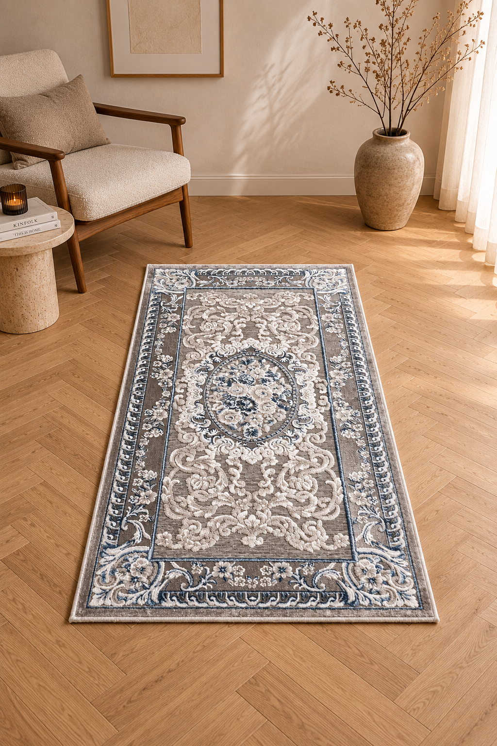 Pastel Imperial Neoclassic Carpet – Grey Elegant Medallion Style Area Rug