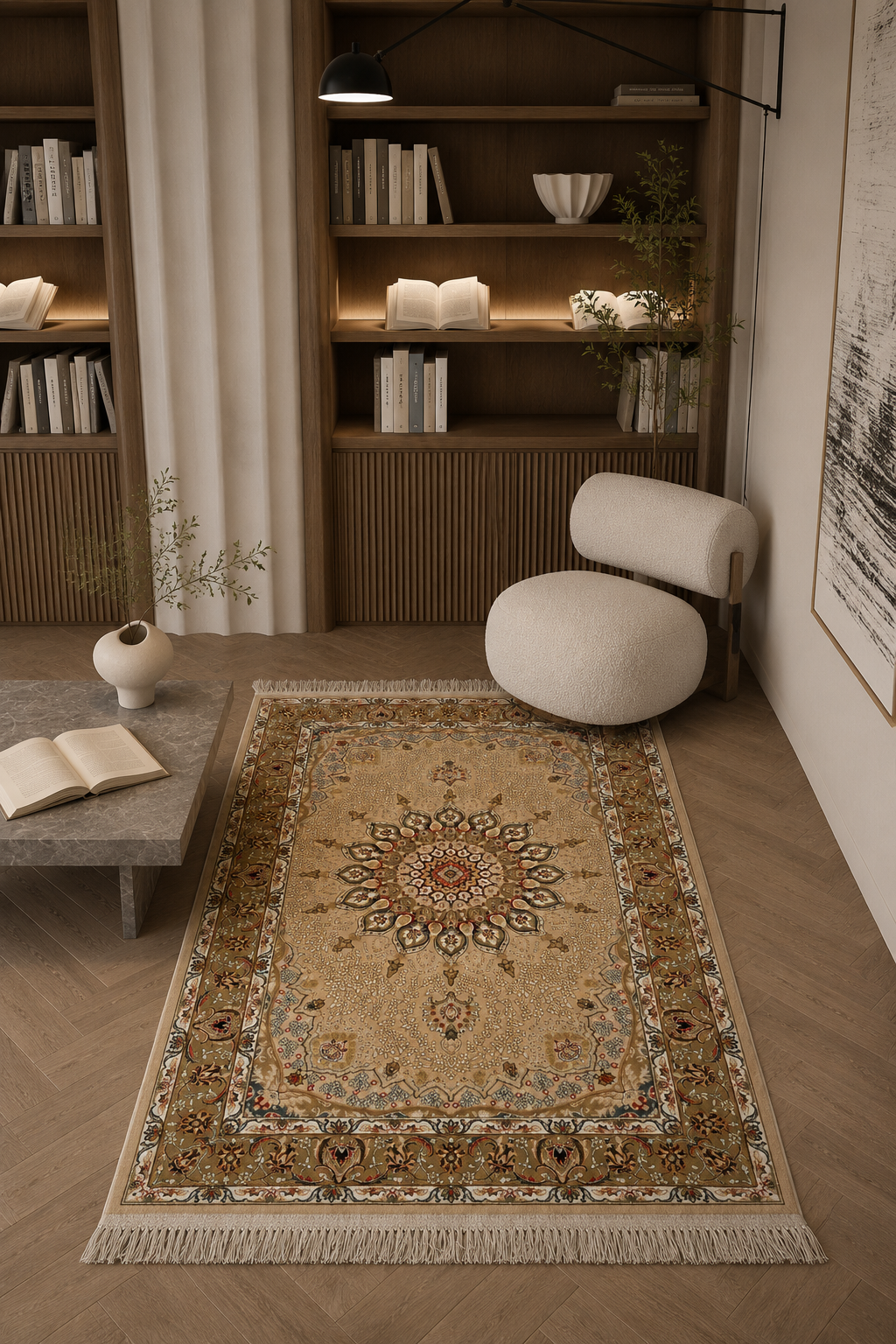 Mashhad Imperial Golden Sunburst Medallion Area Rug – Authentic Iranian Persian Carpet in Ivory, Antique Gold, Olive Taupe & Burgundy
