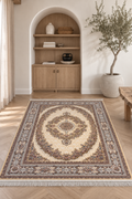 Mashhad Imperial Ivory Palace Medallion Area Rug – Authentic Iranian Persian Carpet in Ivory, Taupe, Antique Gold & Mocha Brown