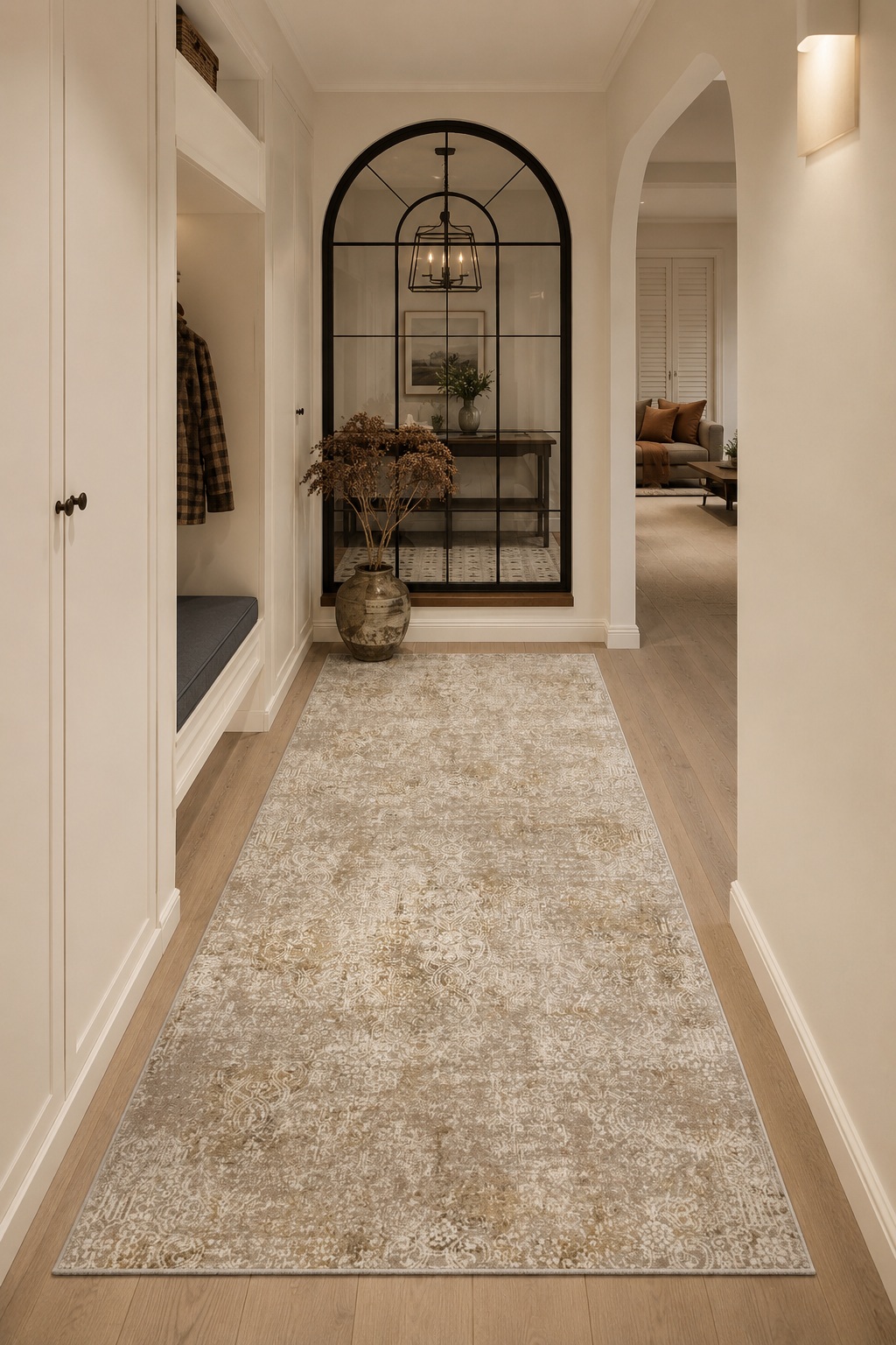 Urbino Desert Elegance Vintage Runner Rug – Luxury Distressed Hallway Carpet in Ivory, Sand Beige & Warm Taupe