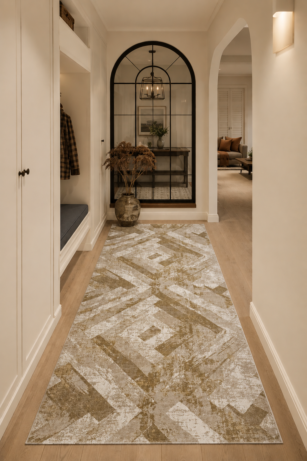 Urbino Metropolitan Geometry Runner Rug – Luxury Modern Abstract Hallway Carpet in Ivory, Sand Beige & Taupe