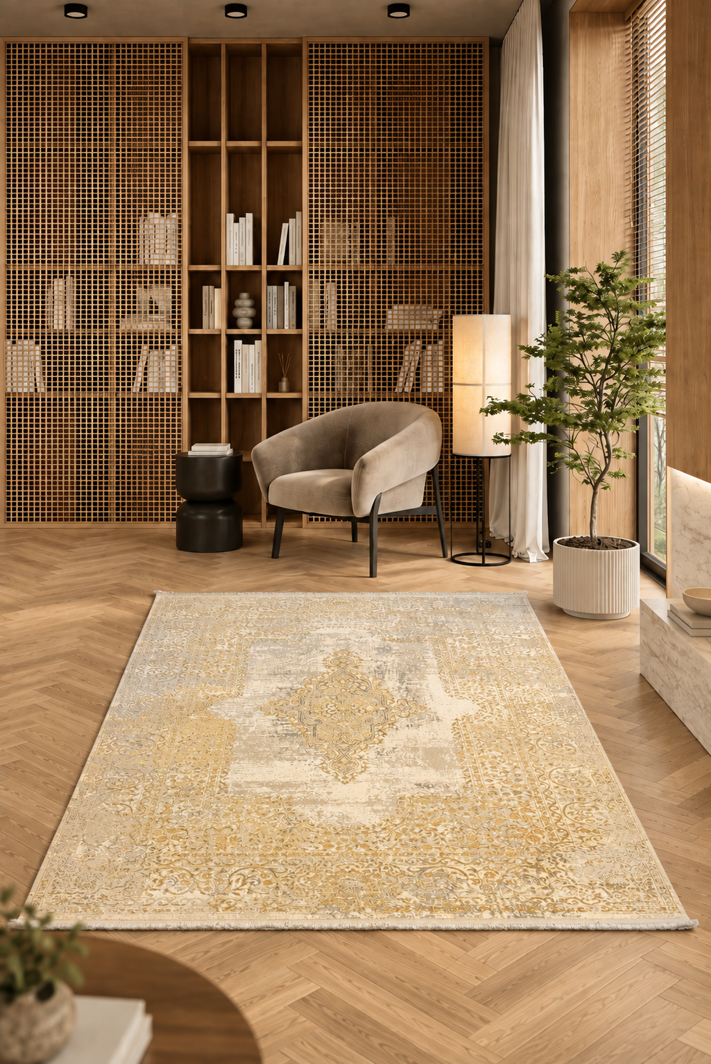 Leon “Golden Reverie” Thin Art Silk Carpet – Vintage Elegance Reimagined