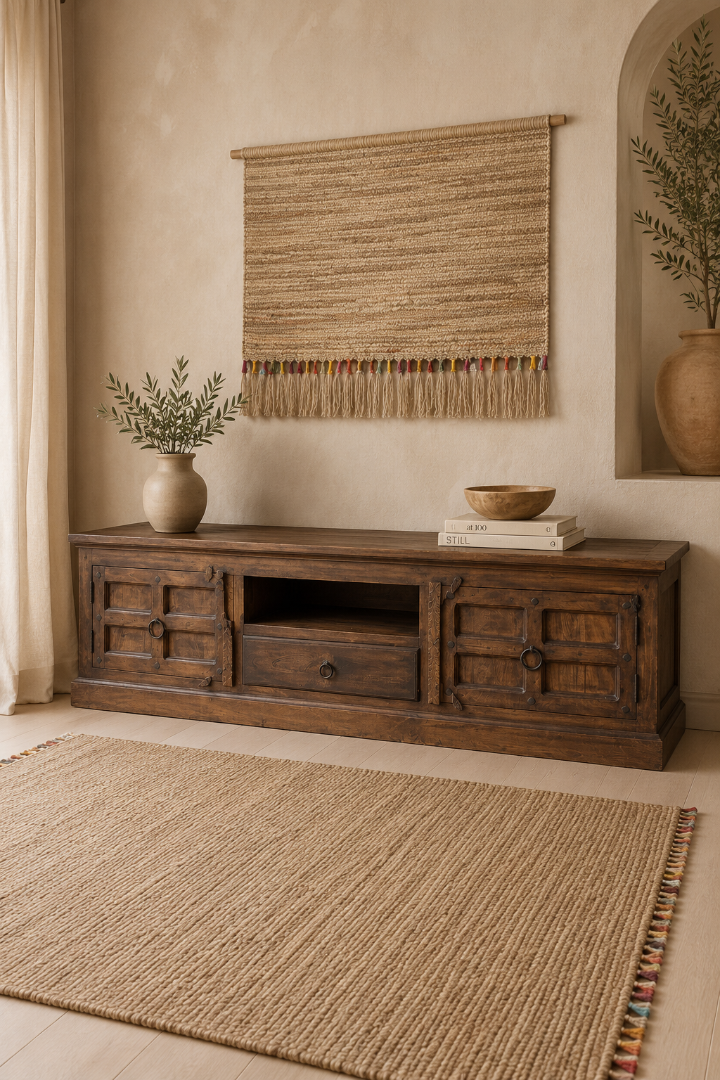 Rajasthan Heritage Artisan Solid Wood TV Unit – Handmade Indian Rustic Entertainment Console Cabinet