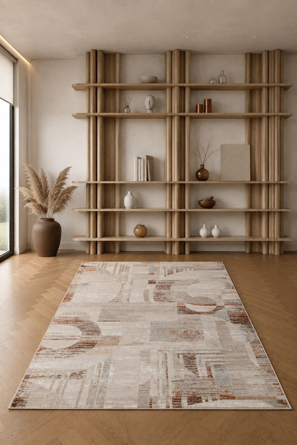 Tapis géométrique beige Efes 15 – Élégant et pratique pour les intérieurs de maison