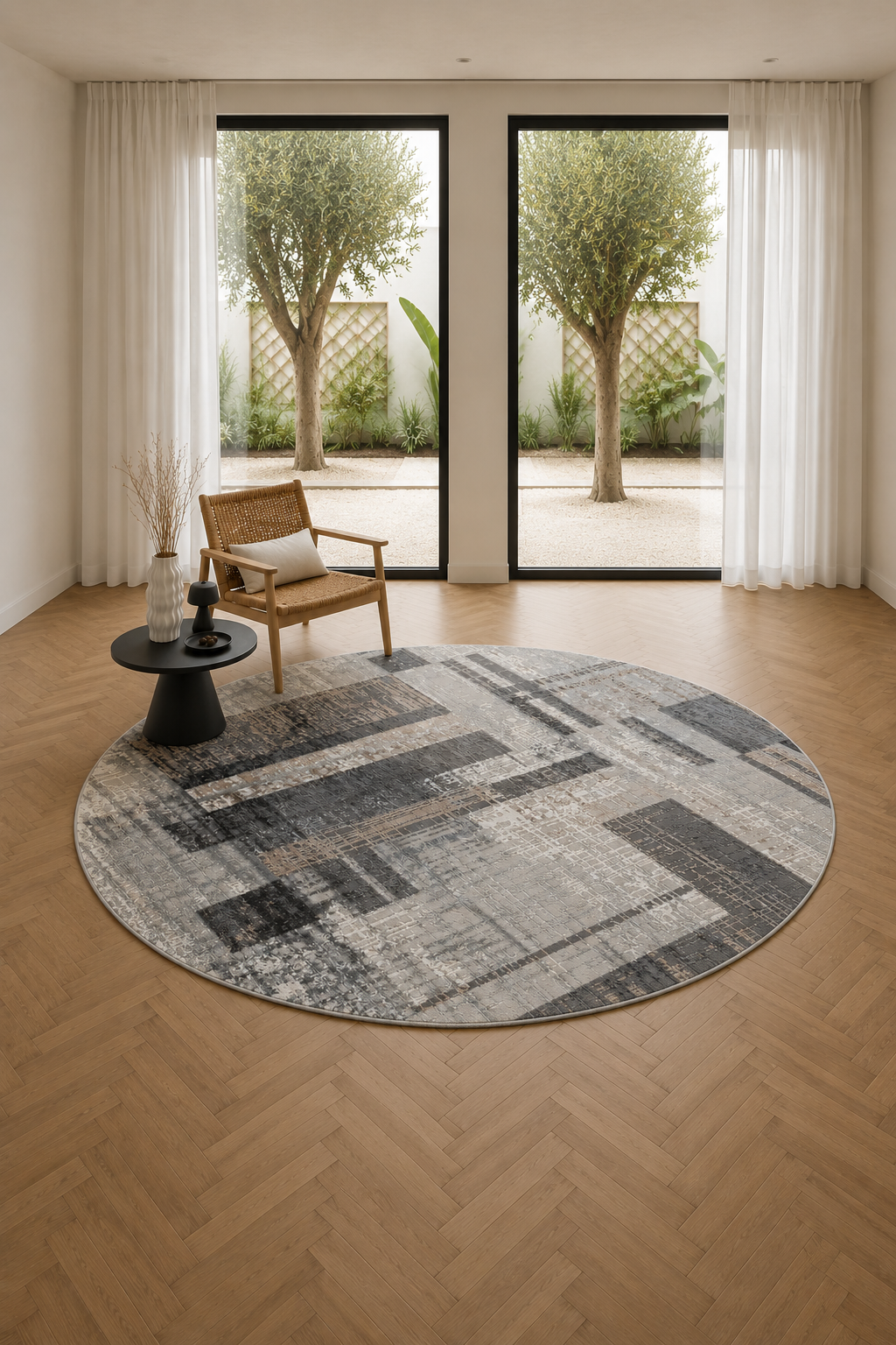 Efes 49 Grey Geometric Round Carpet – Stylish & Practical for Modern Interiors