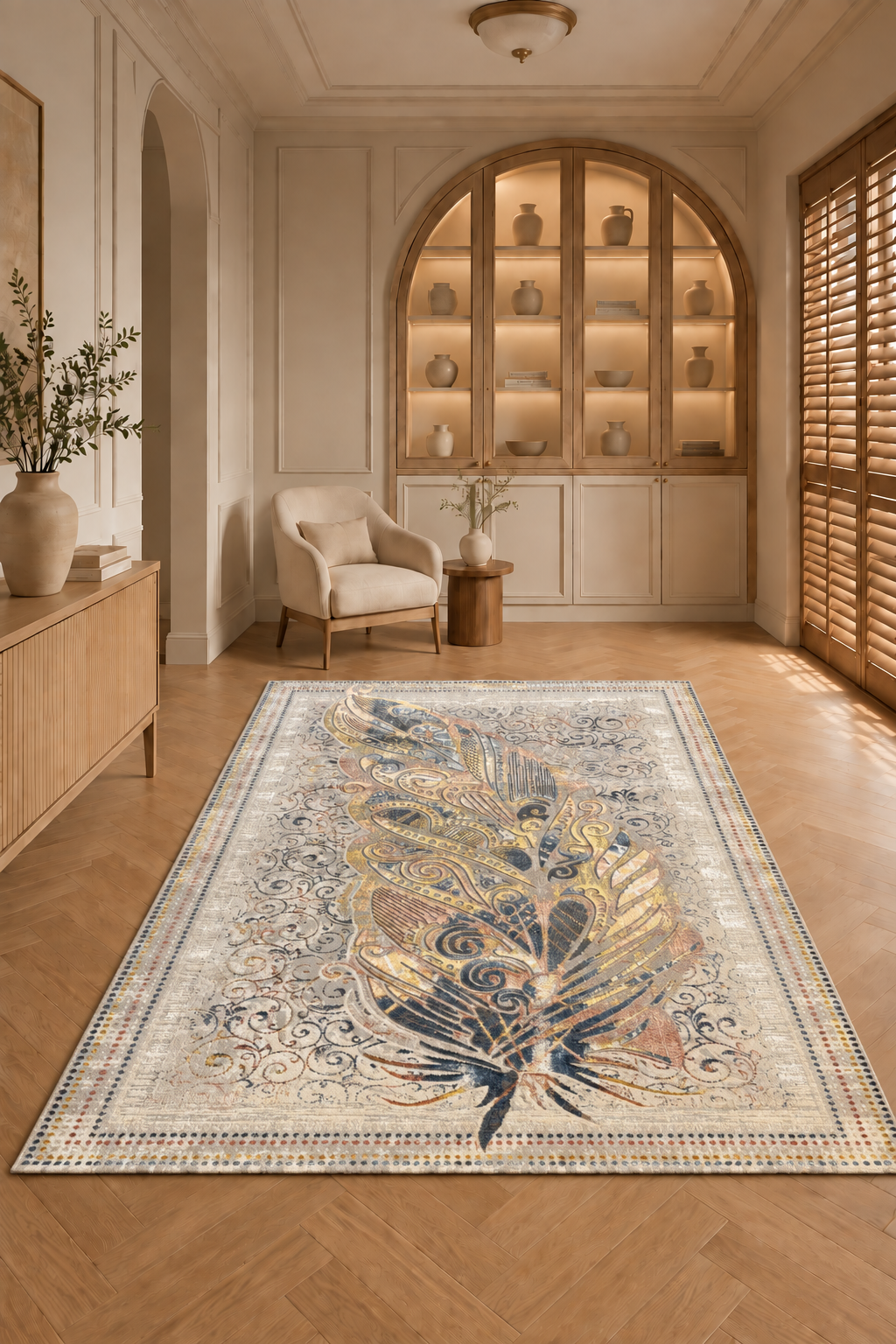Harir Zumrut Feather Design Beige & Blue Carpet – Elegant Modern Vintage Area Rug for Living Room