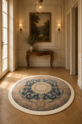 Qum Grand Imperial Celestial Medallion Silk Round Area Rug – Authentic Iranian Persian Luxury Carpet in Midnight Blue, Silver Mist, Ivory & Blush Pink
