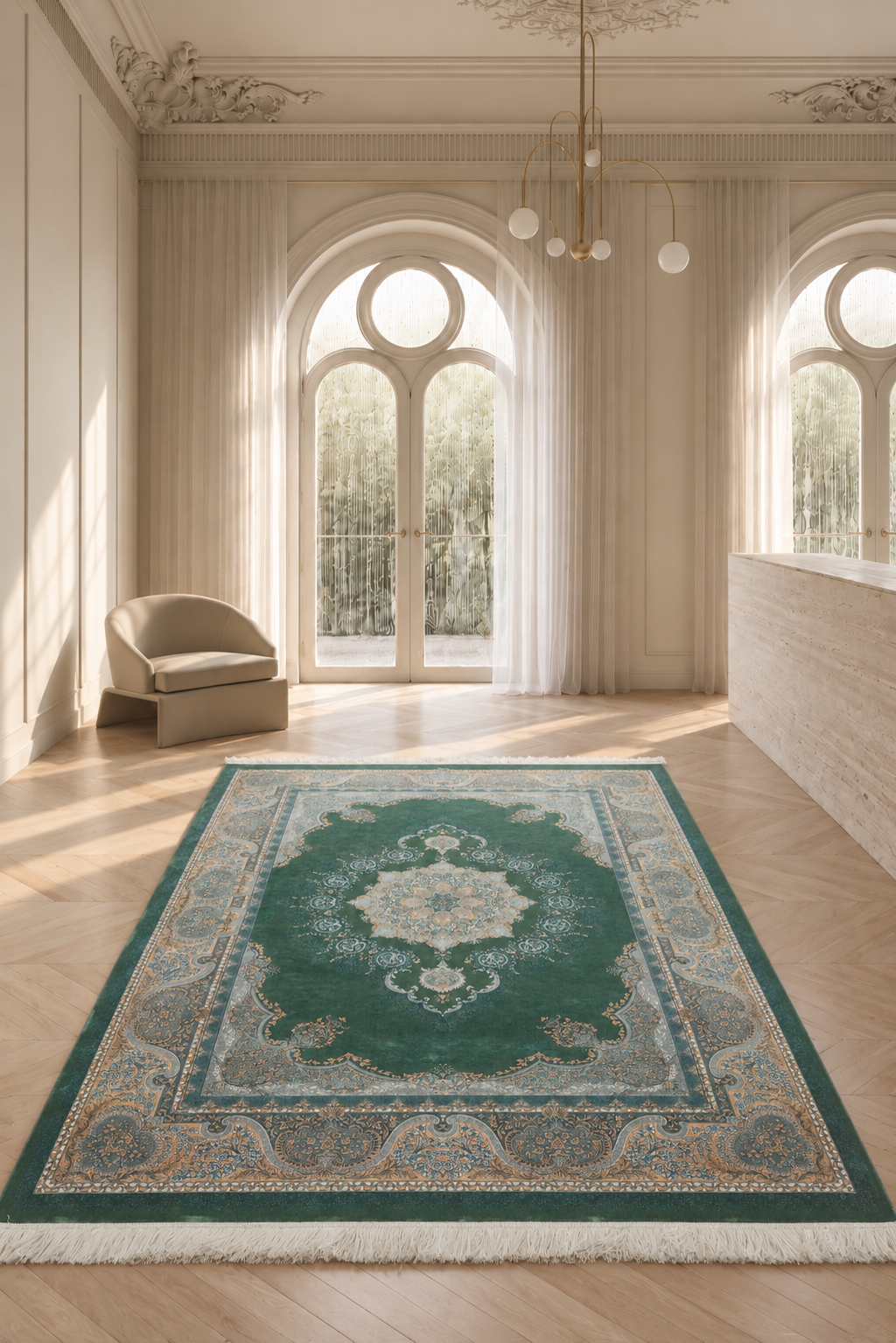 Qum Imperial Emerald Palace Medallion Silk Carpet – Persian-Inspired Emerald Green, Antique Gold & Silver Ornamental Luxury Rug with Royal Floral Borders