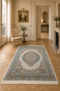 Qum Imperial Pearl Garden Medallion Bamboo Silk Carpet – Persian Luxury Floral Masterpiece in Ivory, Mist Blue, Soft Rose & Antique Gold