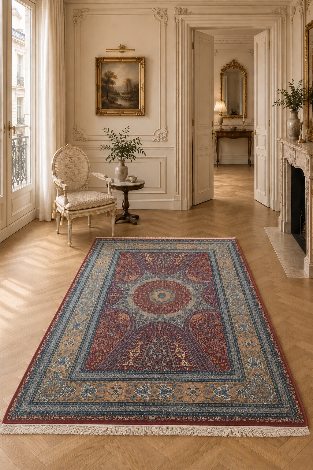 Qum Imperial Ruby Celestial Dome Bamboo Silk Carpet – Persian Architectural Medallion Masterpiece in Deep Red, Sapphire Blue & Antique Gold