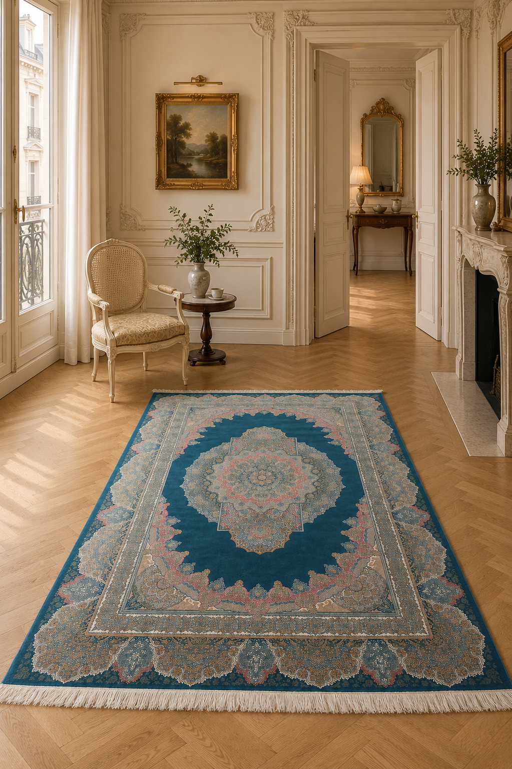 Qum Imperial Turquoise Jewel Medallion Bamboo Silk Carpet – Persian Palace Floral Masterpiece in Deep Teal Blue, Ivory, Rose & Antique Gold