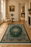Qum Imperial Emerald Palace Medallion Silk Carpet – Persian-Inspired Emerald Green, Antique Gold & Silver Ornamental Luxury Rug with Royal Floral Borders